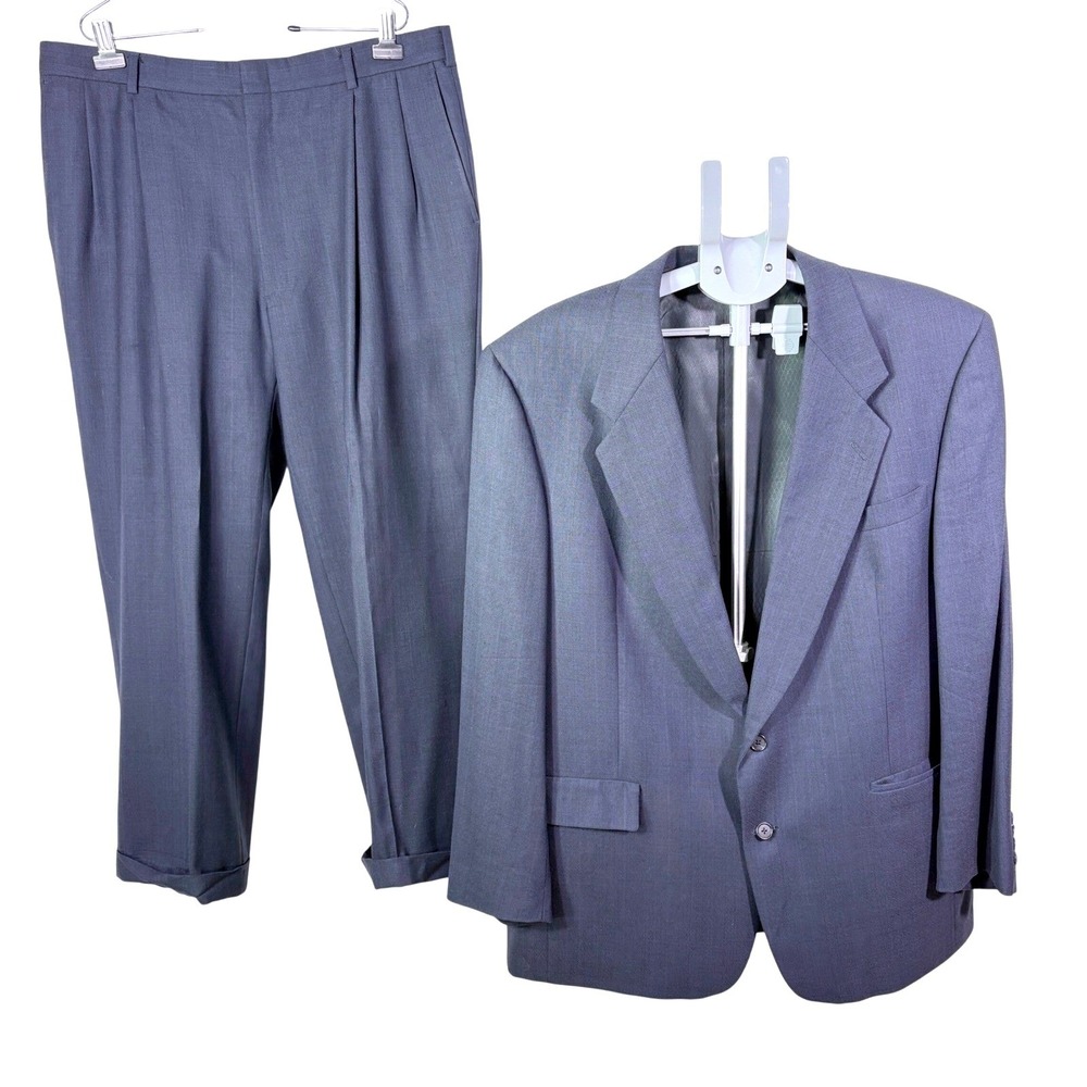 Hart Schaffner Marx Wool 2pc Suit Jacket 46L Pant 48 Navy Glen Plaid Pleated